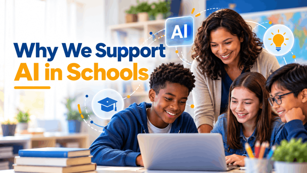 Students and teacher using AI tools in a classroom, illustrating AI in schools