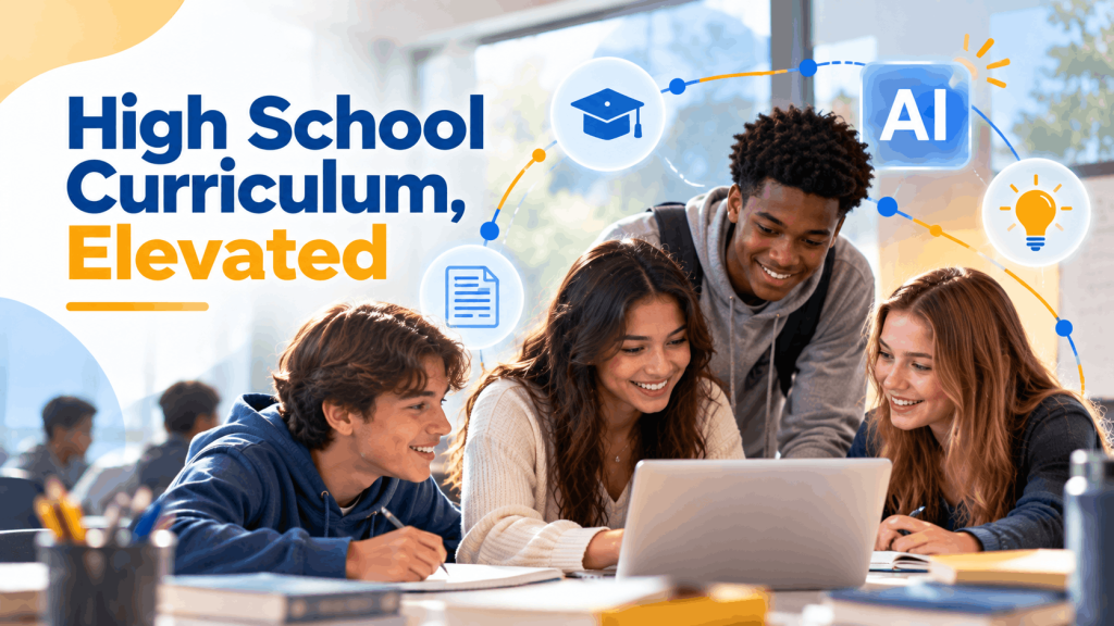 High school students collaborating on a project with AI tools, showing AI in high school