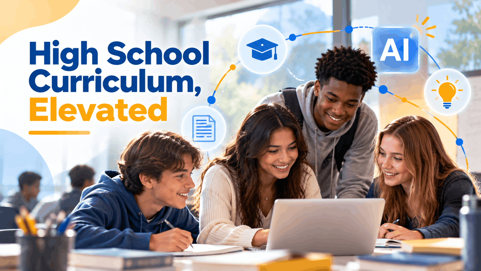 High school students collaborating on a project with AI tools